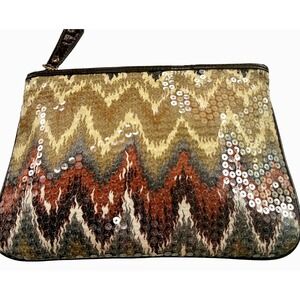 Sharif Sequin Wristlet Clutch Boho Zig Zag Ikat Gold Brown Statement Bag